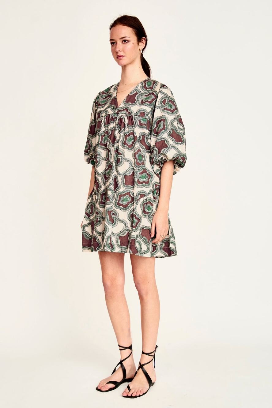 MIRTH Belem Dress in Grappa Puddles Cotton Puff Sleeve V-Neck Mini Dress